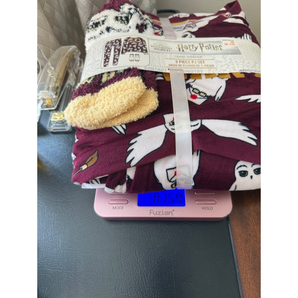 Harry Potter Hedwig 3 Piece Pajama Set Womens Medium Burgundy Fleece PJs & Socks - Picture 7 of 7